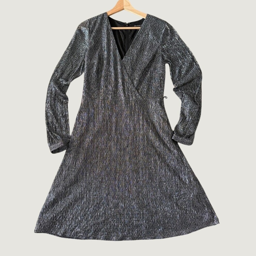 89-Banana Republic Metallic Tall 2 Pleated Faux Wrap Midi Dress Long Sleeve